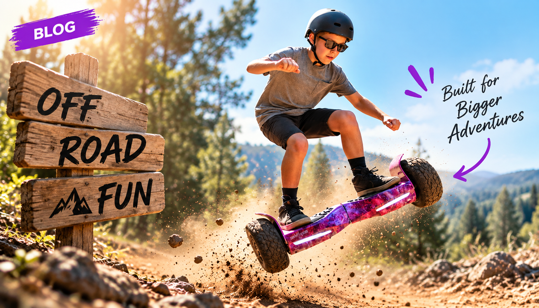 NS8 off-road hoverboard in action on a forest adventure trail