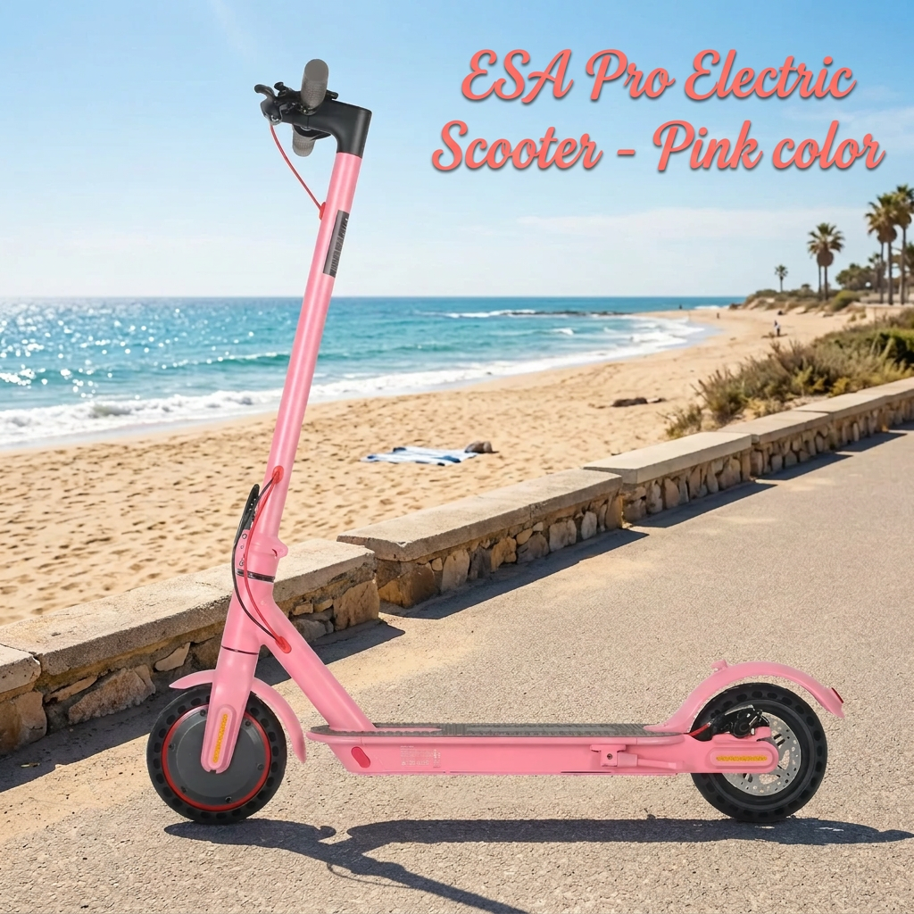 A pink folding electric scooter with black tires, a black handlebar, and small orange reflectors, shown from a side profile on a solid white background.