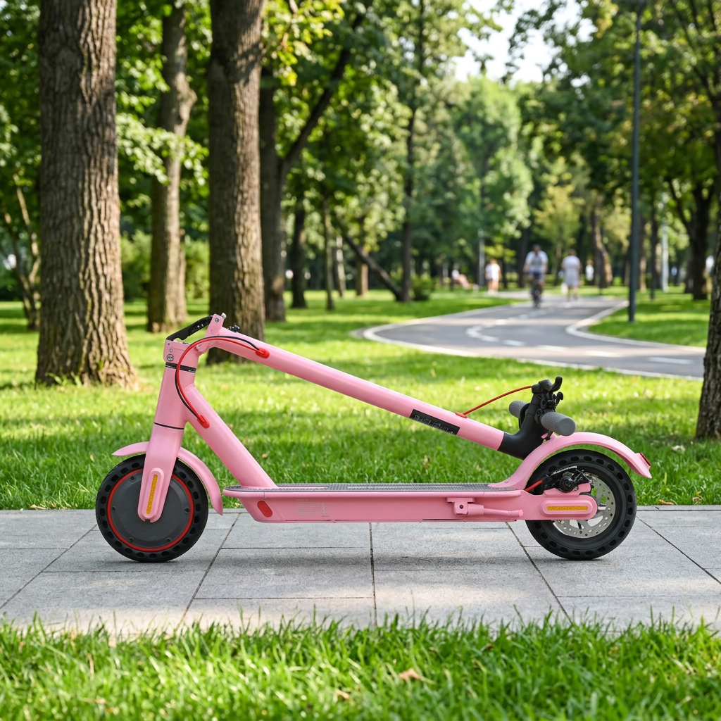 A pink folding electric scooter. Iscooter